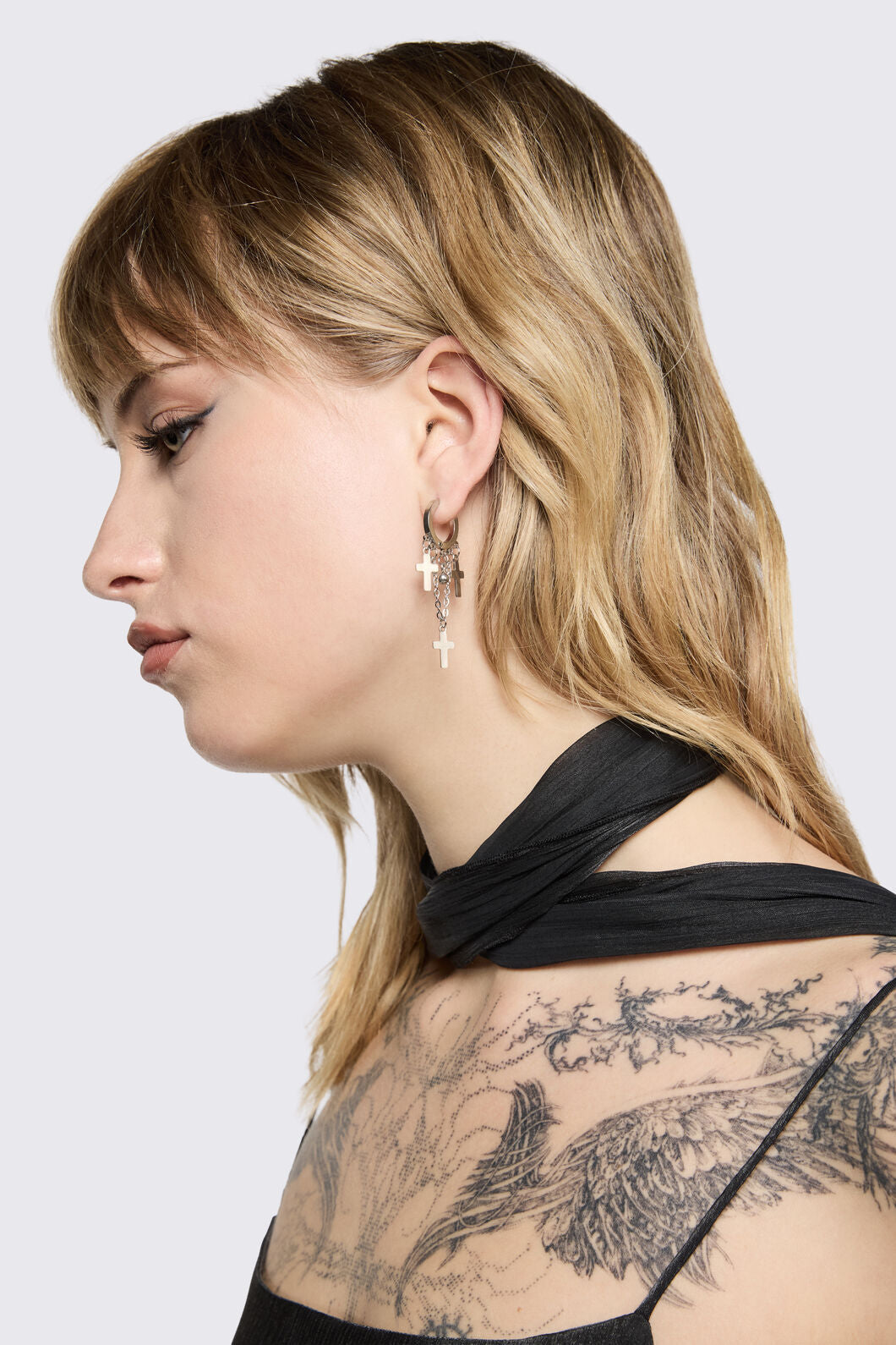 Black Friday - Drop Chain Cross Earrings - silver