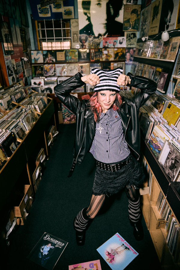 Black Friday - White Charming Stripe Beanie - black-white