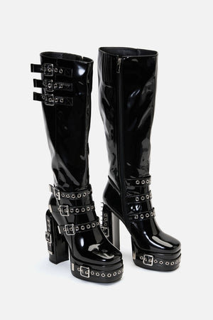 Black Friday - Knee High Patent Buckle Spike Boots - black