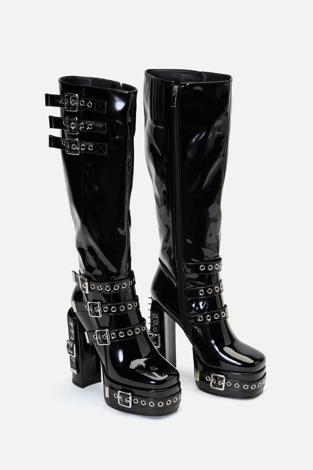 Black Friday - Knee High Patent Buckle Spike Boots - black