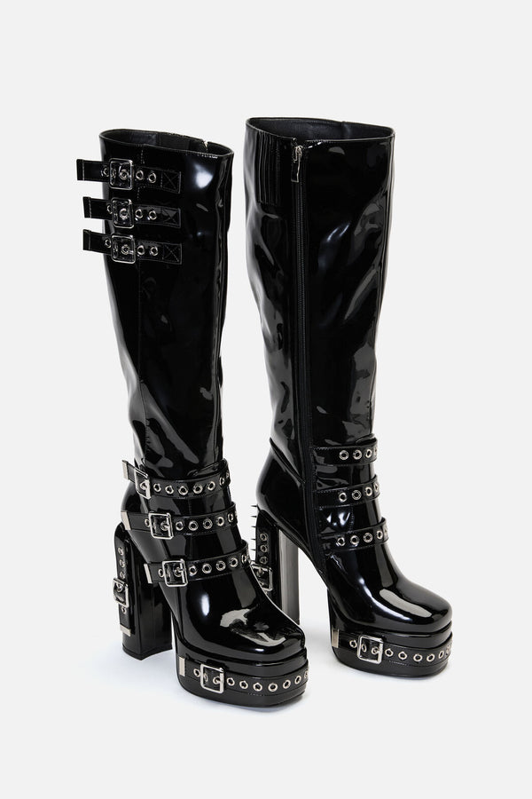 Black Friday - Knee High Patent Buckle Spike Boots - black