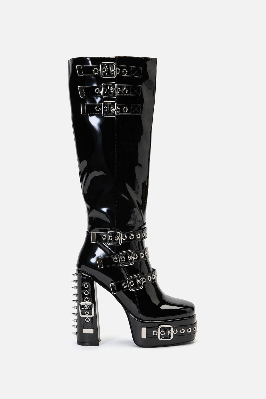Black Friday - Knee High Patent Buckle Spike Boots - black