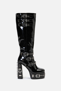 Black Friday - Knee High Patent Buckle Spike Boots - black