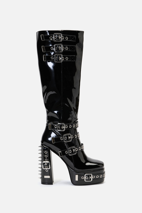 Black Friday - Knee High Patent Buckle Spike Boots - black