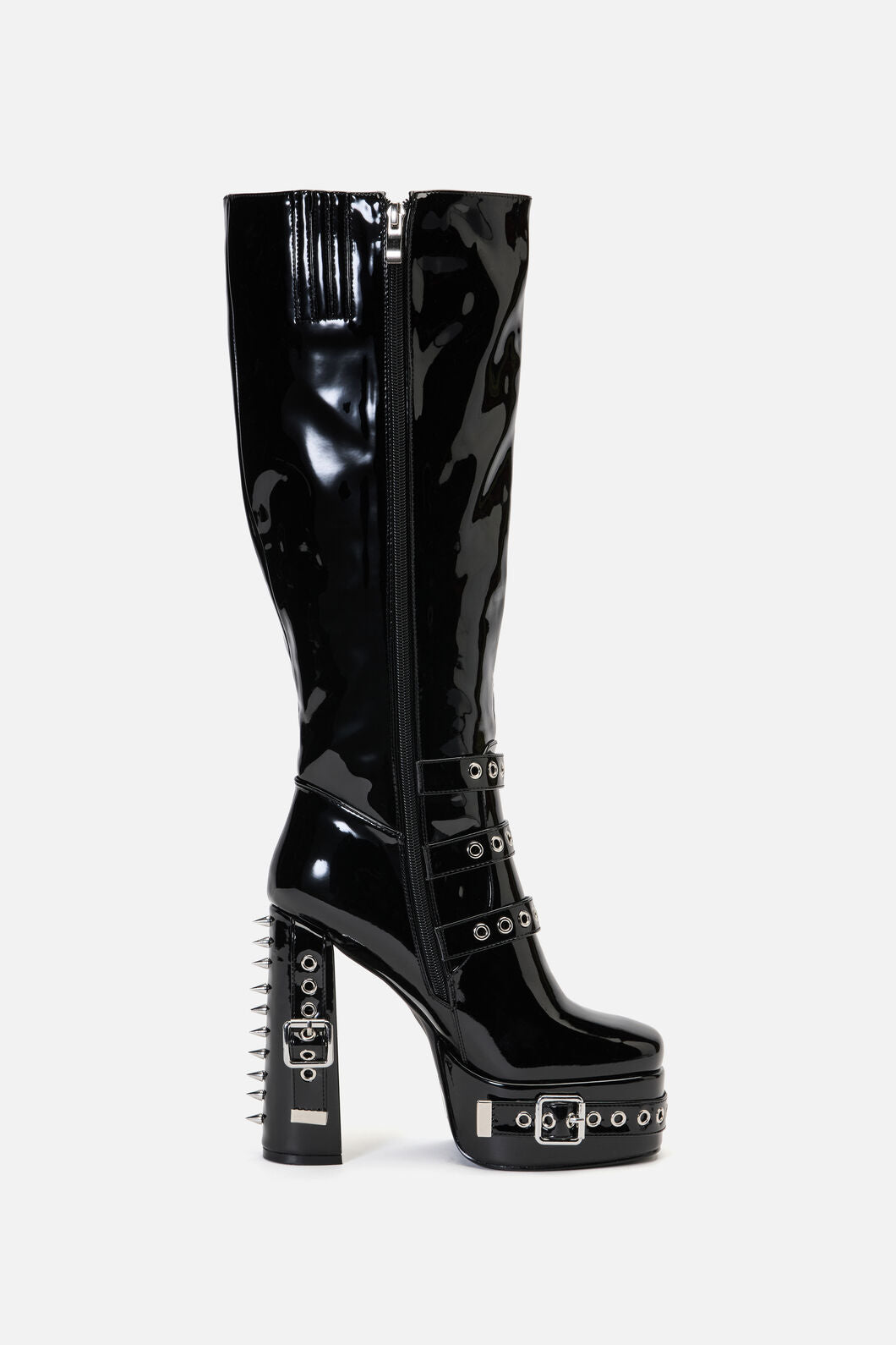 Black Friday - Knee High Patent Buckle Spike Boots - black