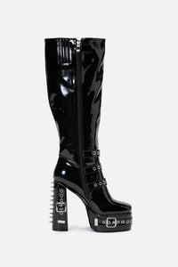 Black Friday - Knee High Patent Buckle Spike Boots - black