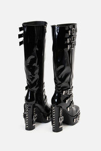 Black Friday - Knee High Patent Buckle Spike Boots - black