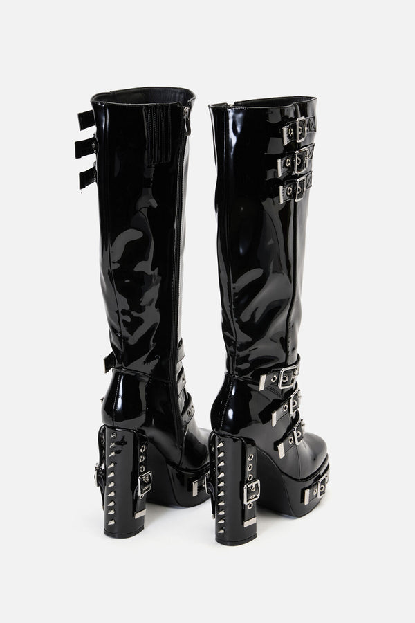 Black Friday - Knee High Patent Buckle Spike Boots - black