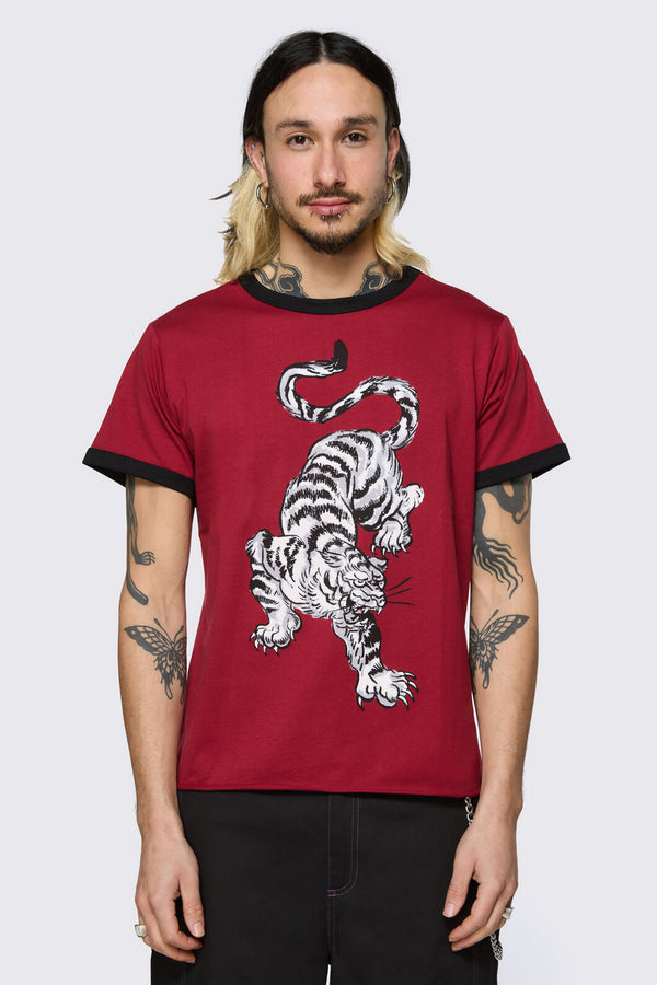 Dangerfield - Big Cat Retro Ringer Tee - red
