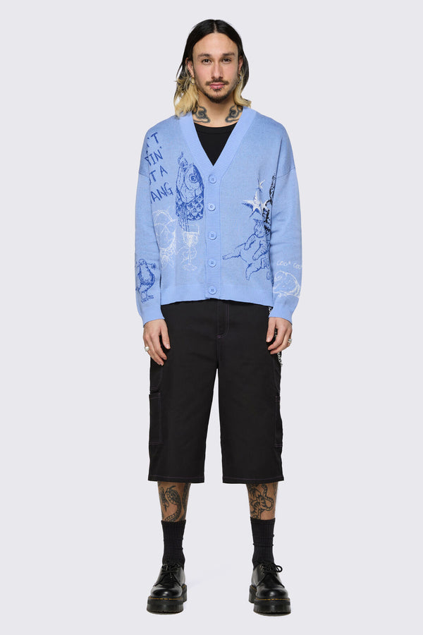 Dangerfield - Sketchy Cat V-Neck Cardigan - purple