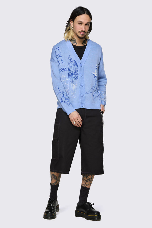 Dangerfield - Sketchy Cat V-Neck Cardigan - purple