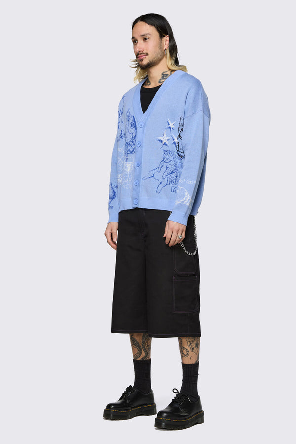 Dangerfield - Sketchy Cat V-Neck Cardigan - purple