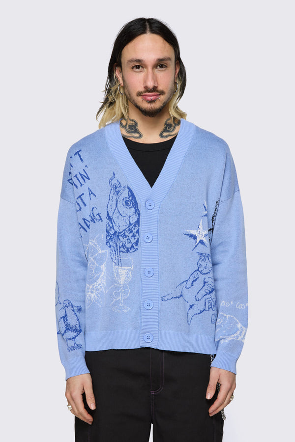 Dangerfield - Sketchy Cat V-Neck Cardigan - purple
