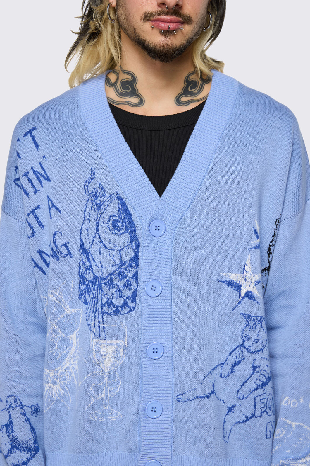 Dangerfield - Sketchy Cat V-Neck Cardigan - purple