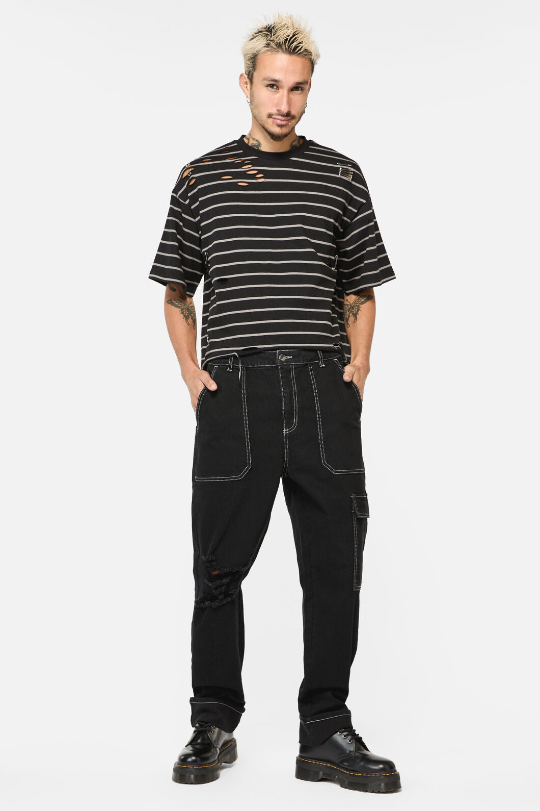 Dangerfield - Scribbles StripeyDistressedTee - black-grey