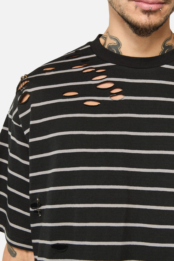 Dangerfield - Scribbles StripeyDistressedTee - black-grey
