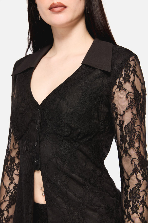 Dangerfield - Dark Pieridae Long Sleeve Lace Top - black