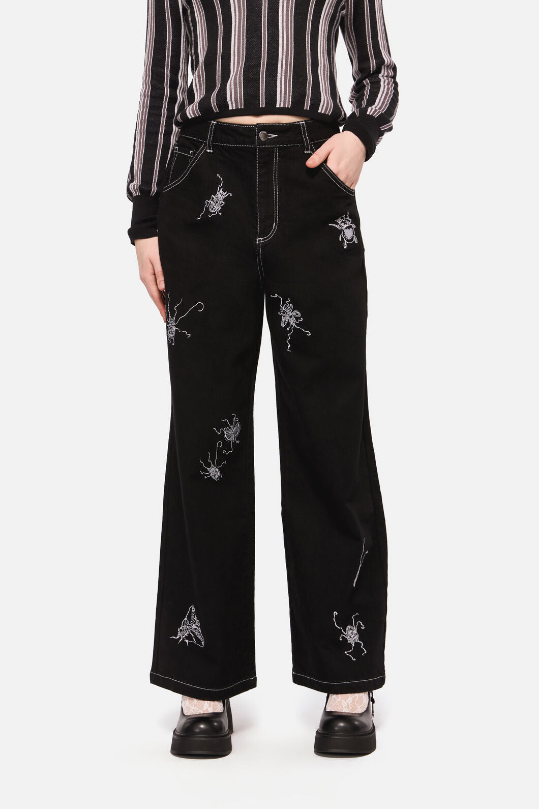 Dangerfield - Dark Pieridae Embroidered Wide Leg Jean - black