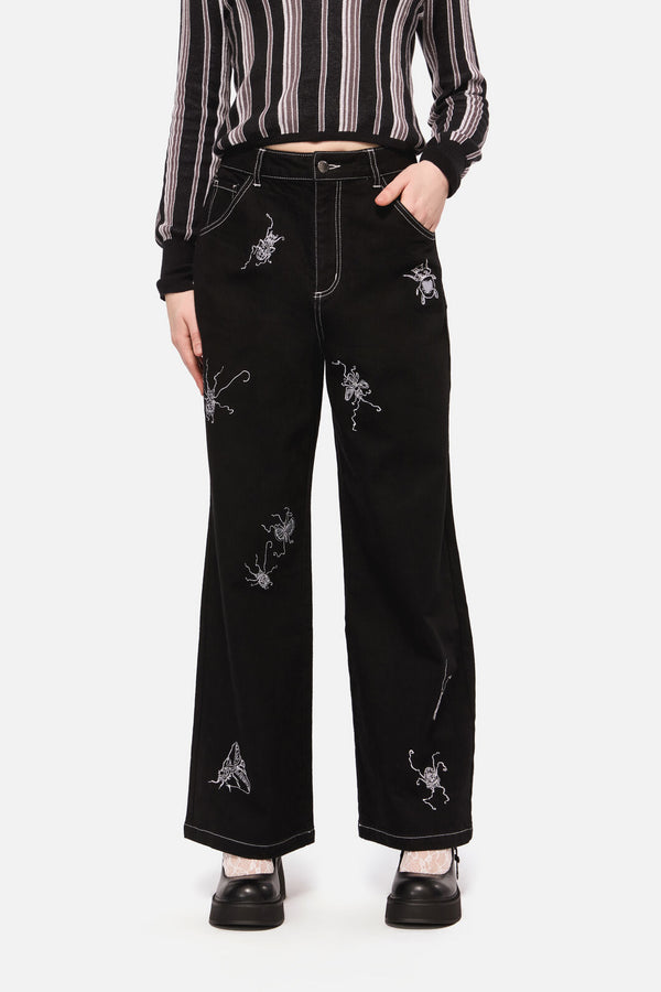 Dangerfield - Dark Pieridae Embroidered Wide Leg Jean - black