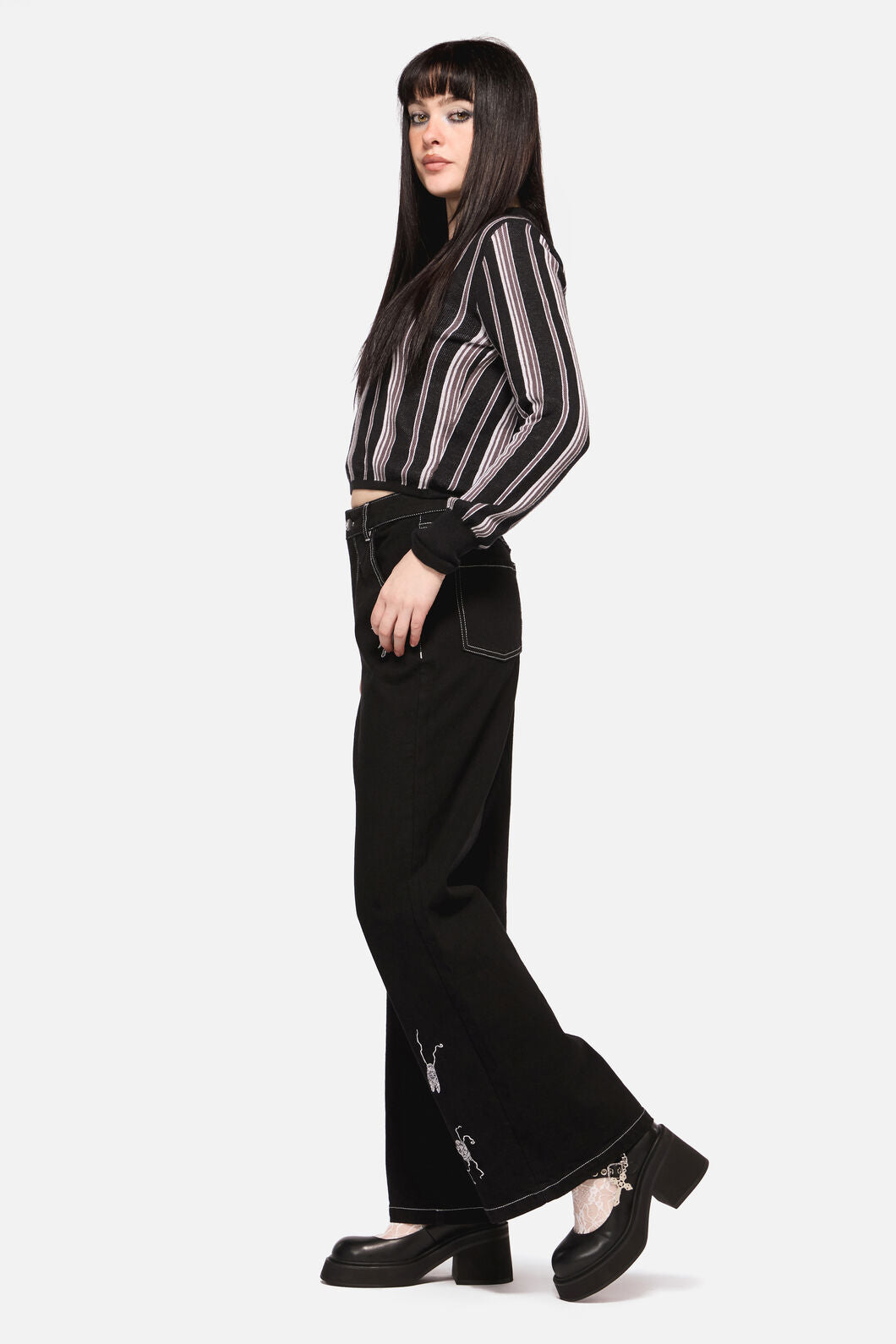 Dangerfield - Dark Pieridae Embroidered Wide Leg Jean - black