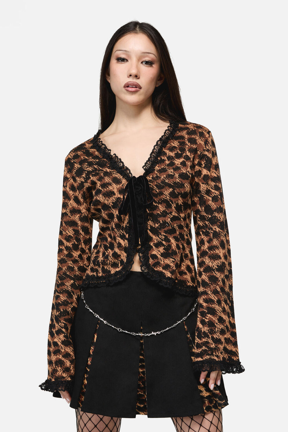Tied Leopard Round Neck Cardigan