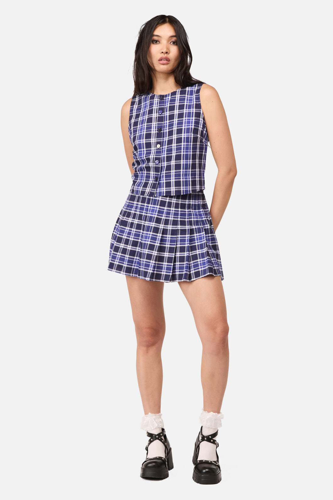 Dangerfield - Whirl Tartan Button Top - purple-white