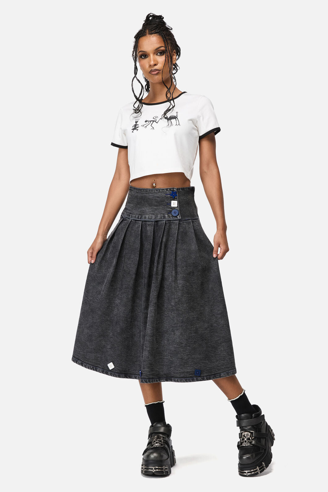 Dangerfield - Whirl Denim Pleated Midi Skirt - grey