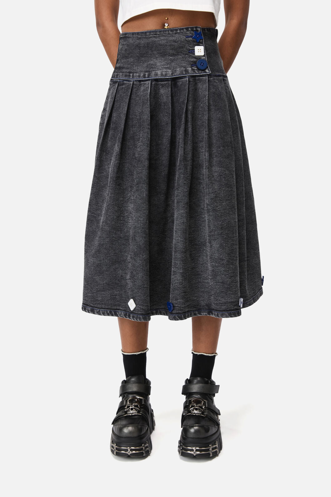Dangerfield - Whirl Denim Pleated Midi Skirt - grey