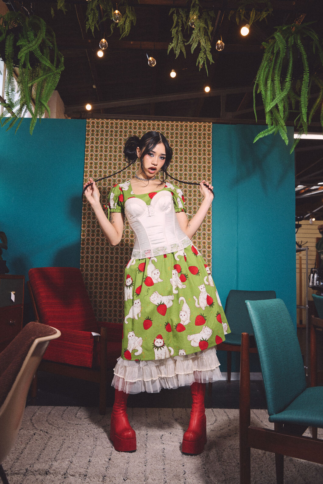 Dangerfield - Strawberry Cat Repeat Dress - green