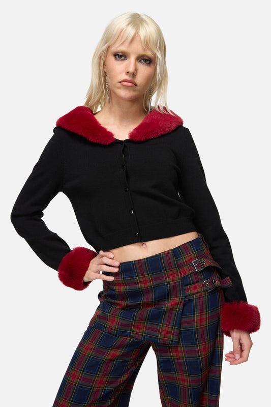 Dangerfield - Jackalope Faux Fur Trim Cardi - black-red