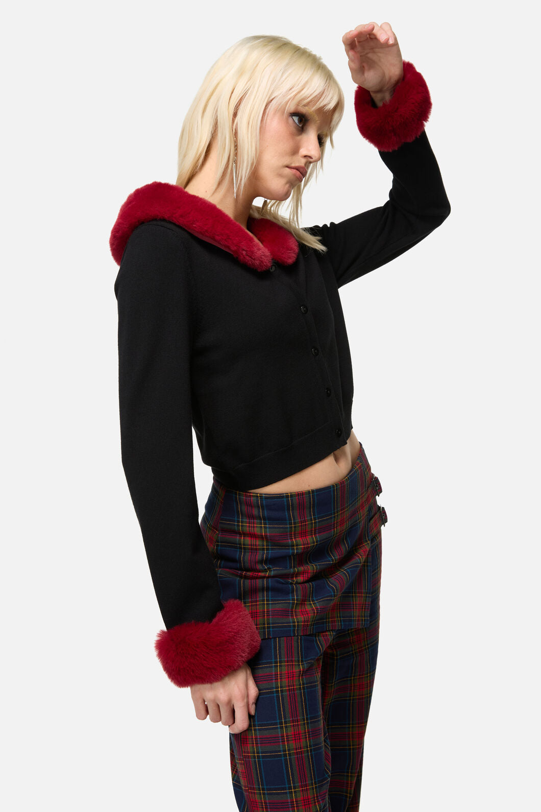 Dangerfield - Jackalope Faux Fur Trim Cardi - black-red