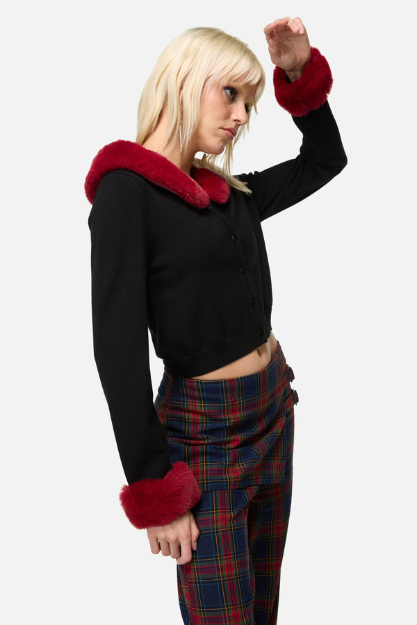 Dangerfield - Jackalope Faux Fur Trim Cardi - black-red