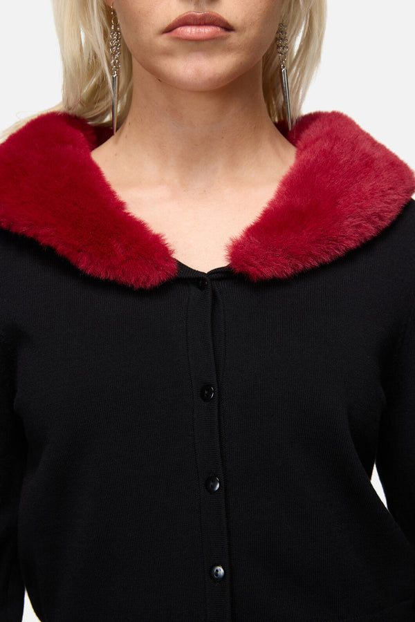 Dangerfield - Jackalope Faux Fur Trim Cardi - black-red