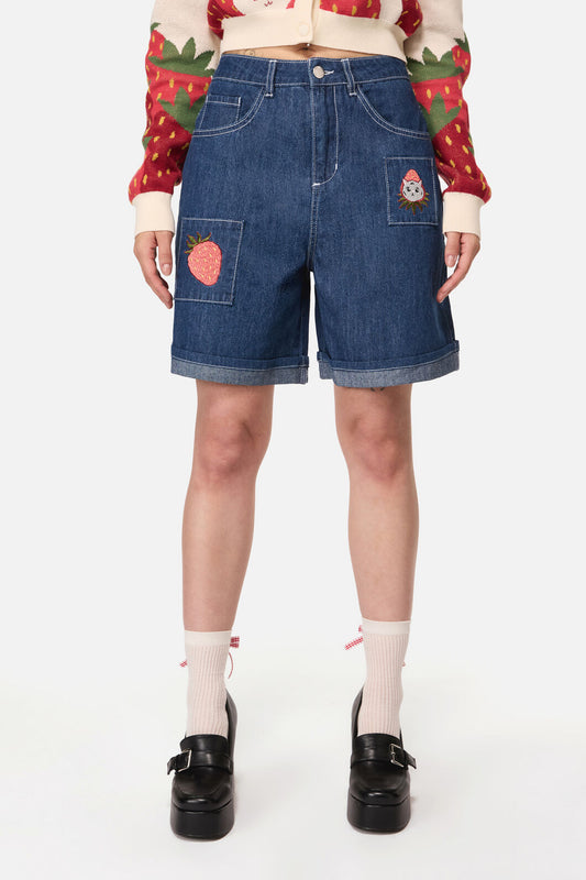 Dangerfield - Strawberry Cat Emb Short - blue-denim