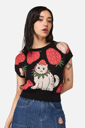 Dangerfield - Strawberry Cat Knit Top - black
