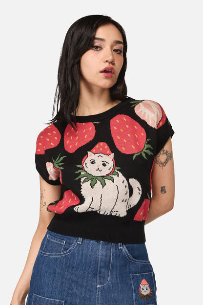 Dangerfield - Strawberry Cat Knit Top - black