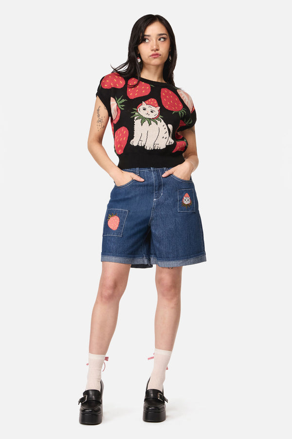Dangerfield - Strawberry Cat Knit Top - black