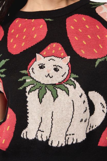 Dangerfield - Strawberry Cat Knit Top - black