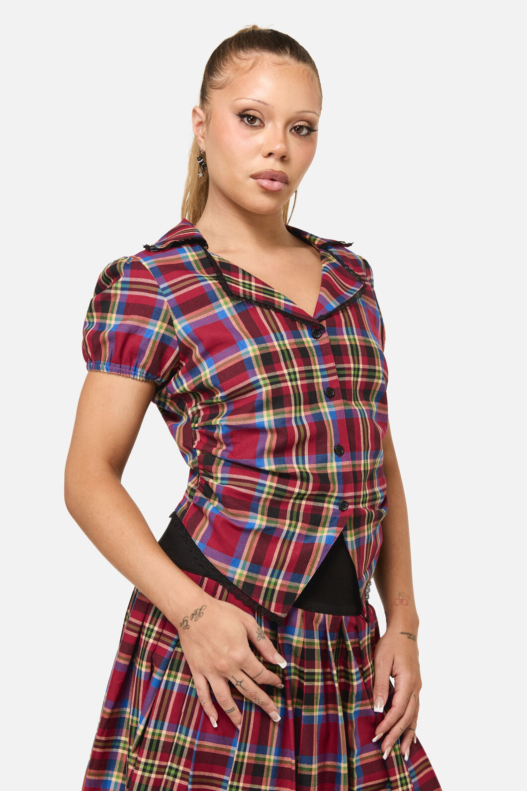 Dangerfield - Crowned Tartan Blouse - red