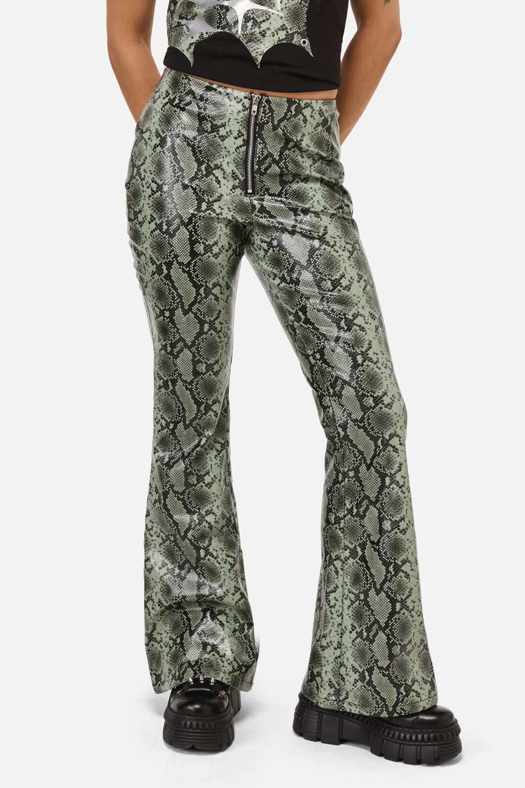 Dangerfield - Y2K Snakey Fitted PU Flare Pant - grey
