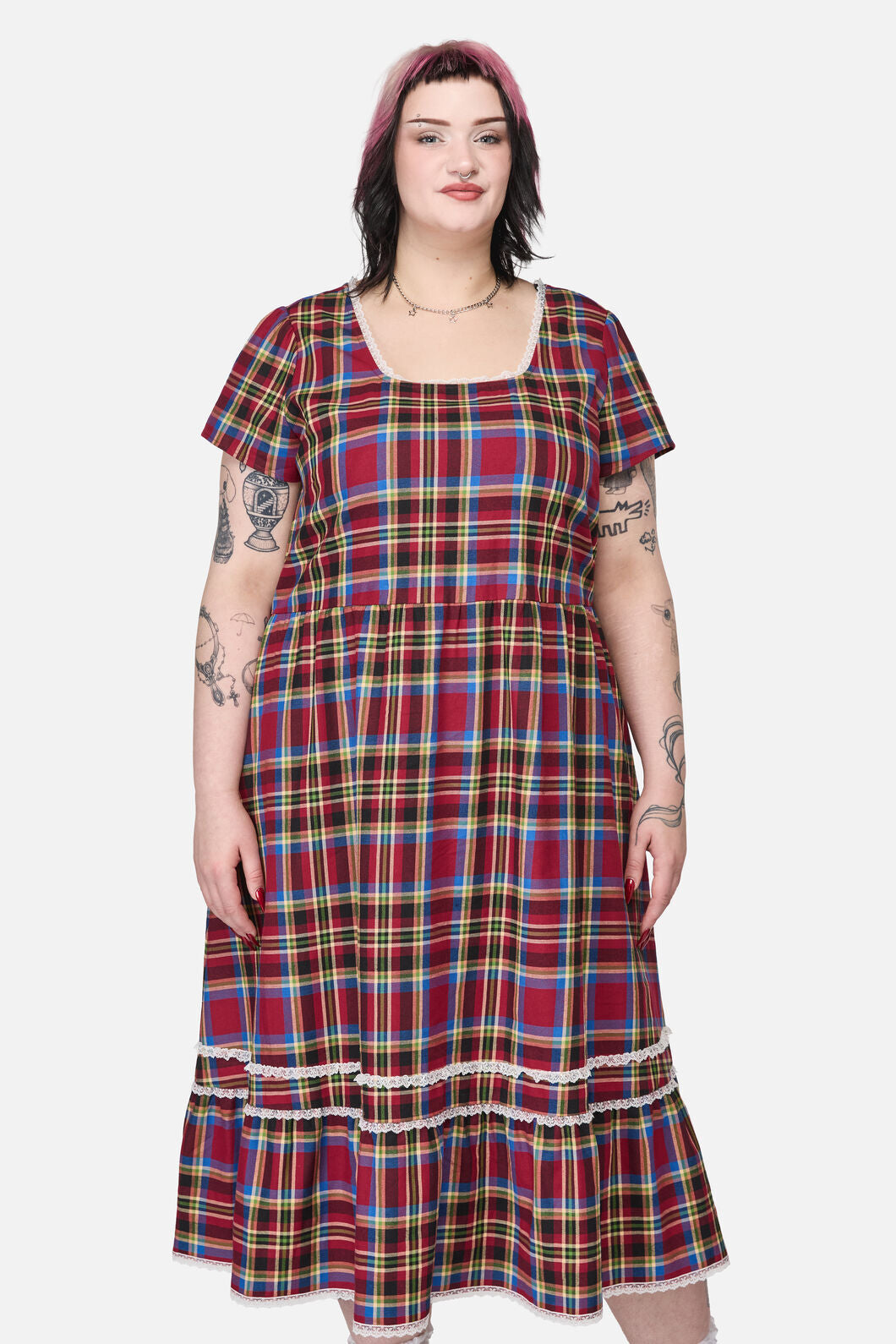 Dangerfield - Curve Crowned Tartan Dress - red