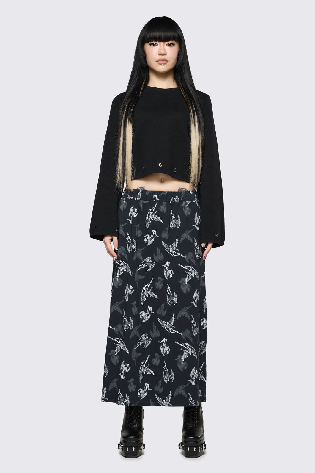 Dangerfield - Archangel Print Goth Midi Skirt - black-white