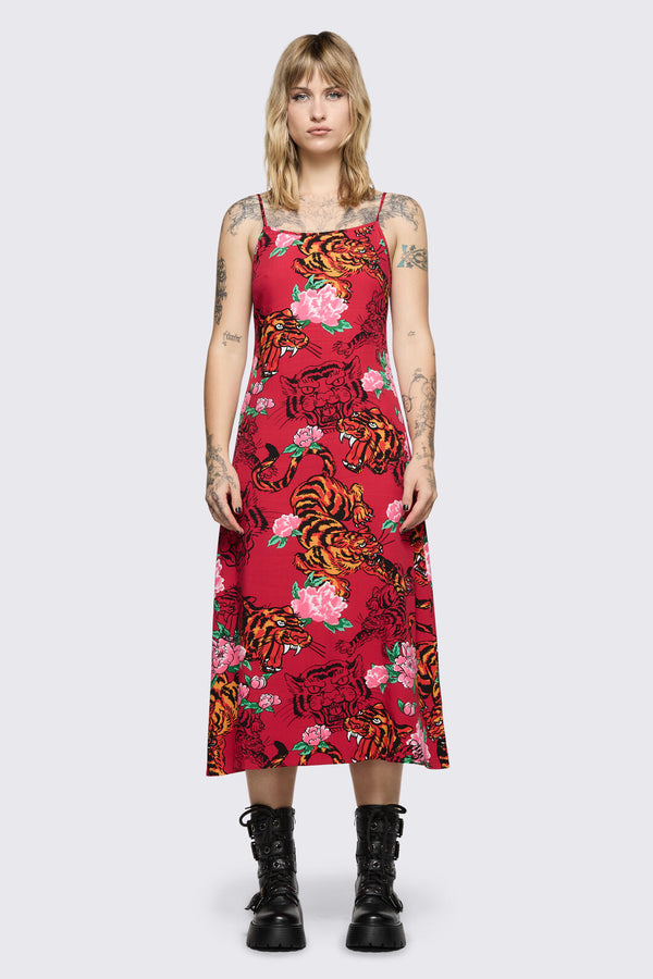 Dangerfield - Big Cat Midi Dress - red