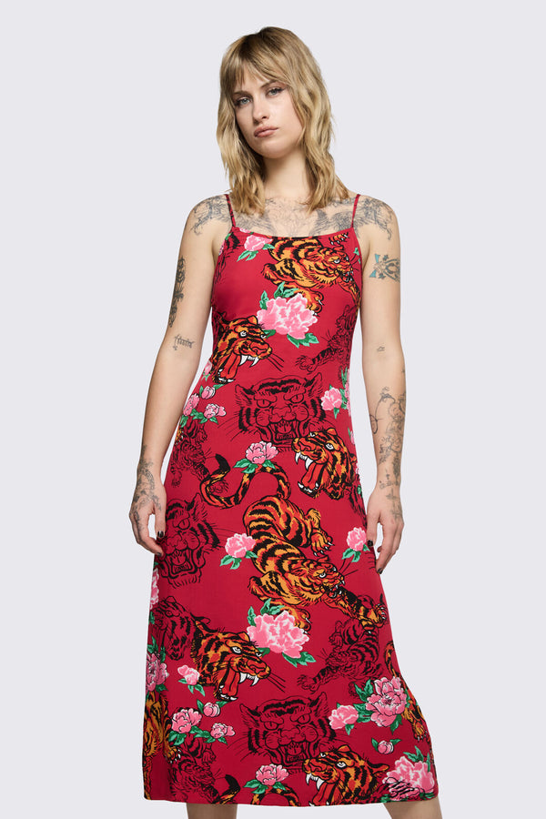 Dangerfield - Big Cat Midi Dress - red