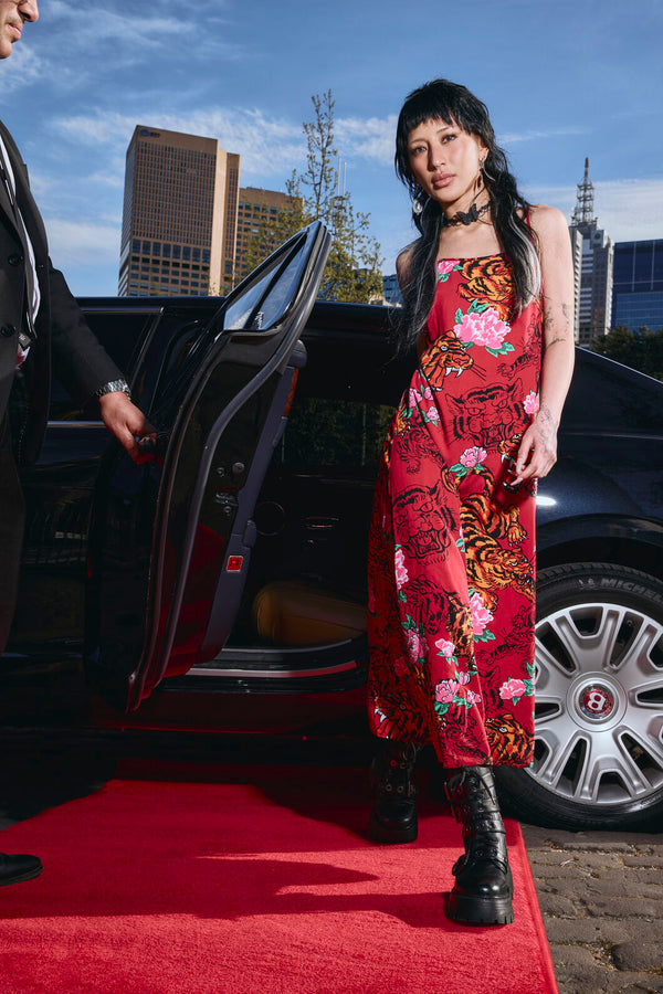 Dangerfield - Big Cat Midi Dress - red