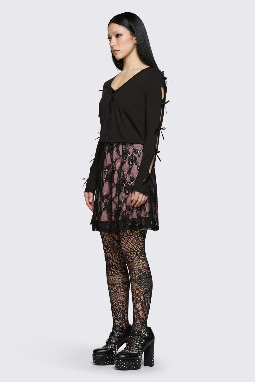 Dangerfield - Round & Round Tie Sleeve Cardi - black