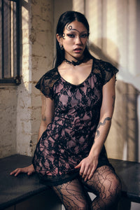 Dangerfield - Broken Rollercoaster Lace Babydoll Dress - black-pink