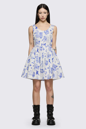 Dangerfield - Sketchy Cat Dress - white-purple