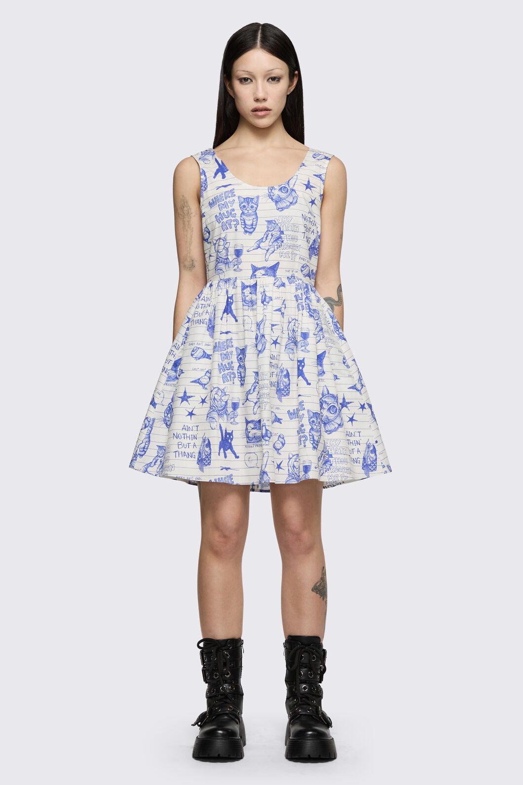 Dangerfield - Sketchy Cat Dress - white-purple