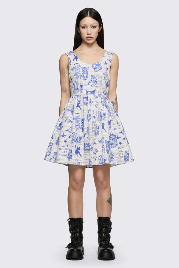 Dangerfield - Sketchy Cat Dress - white-purple